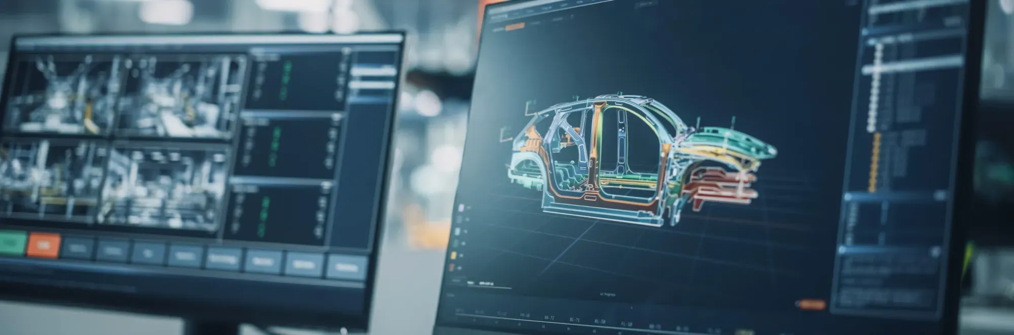 Computer screens displaying a 3D digital model and technical data of a car frame structure in a design or engineering software.