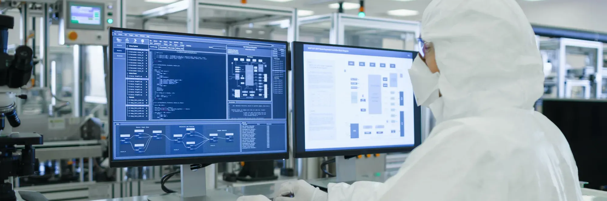 Scientist in protective suit and mask analyzing complex data on two large monitors in a laboratory.