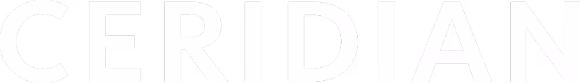 Ceridian company logo in bold white letters on a transparent background.