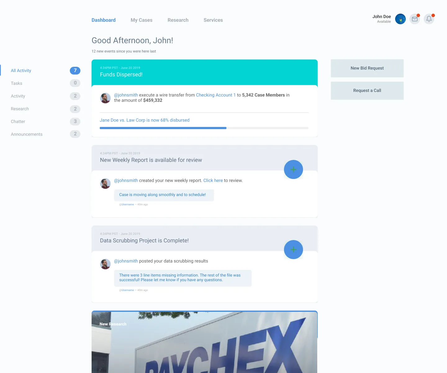 Main dashboard — portfolio overview and active settlement cases